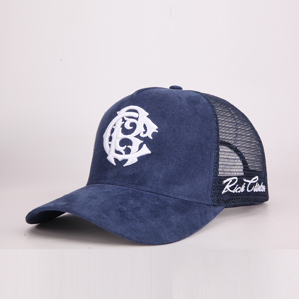 Vintage Suede Patchwork Mesh Trucker Cap with Raised Monogram