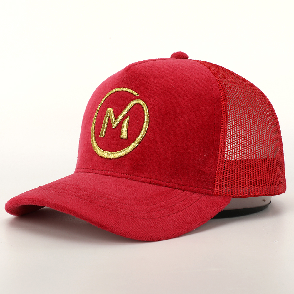 Red Suede Mesh Trucker Cap with Gold Embroidered Logo