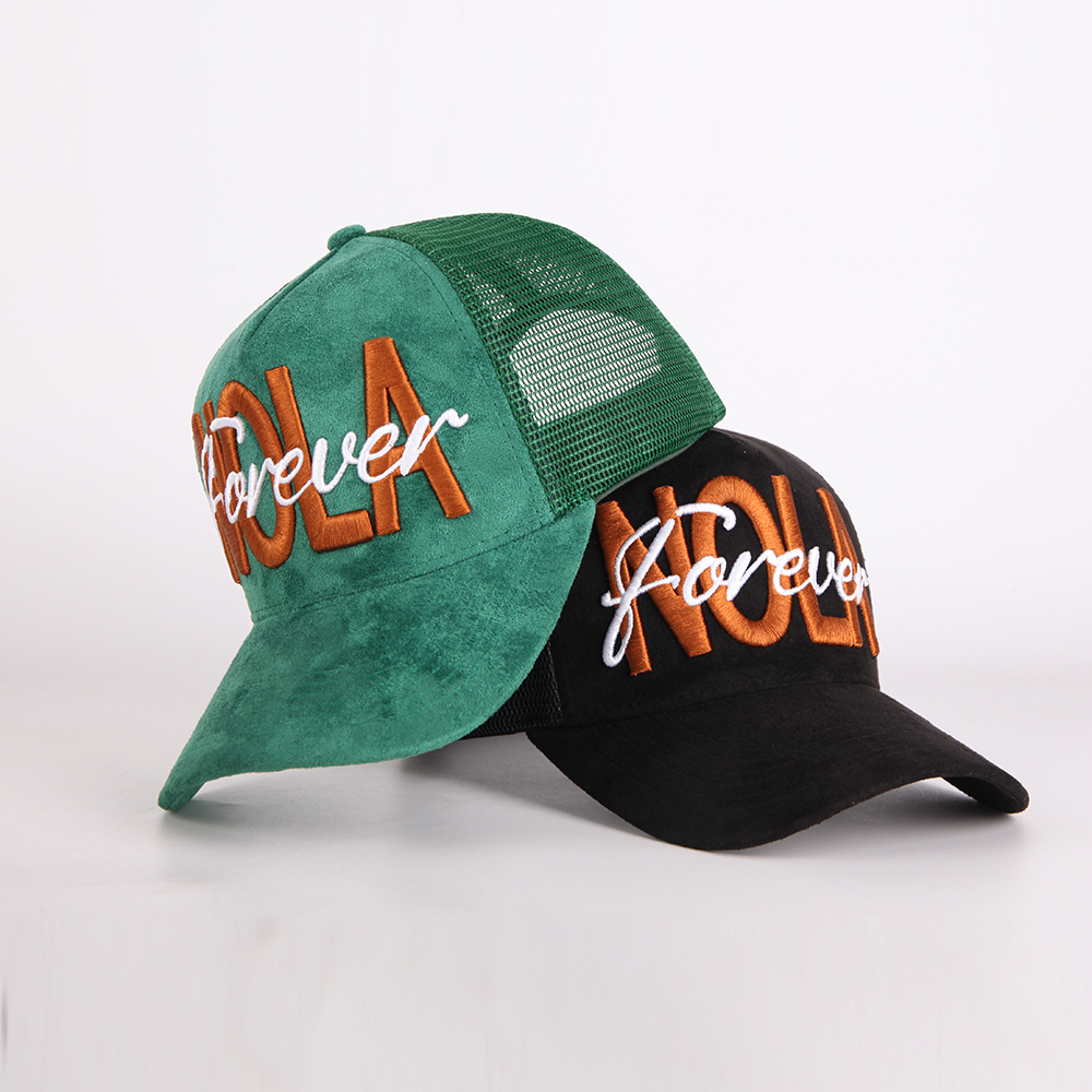 Green and Black Suede Mesh Trucker Hat with Raised Embroidered Logo