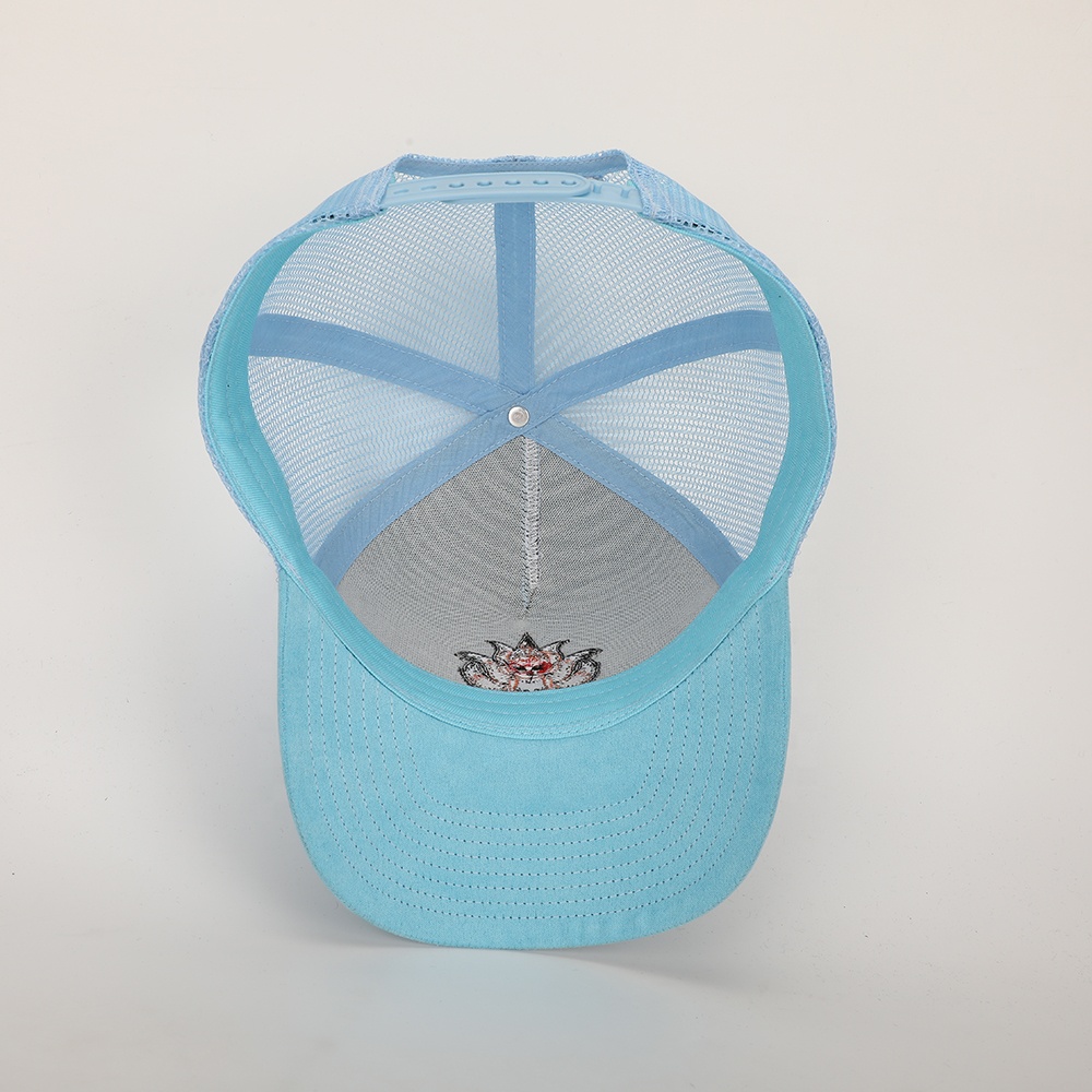 Blue 5 Panel Suede Trucker Hat with Embroidered Animal Logo Mesh Back Casual Cap