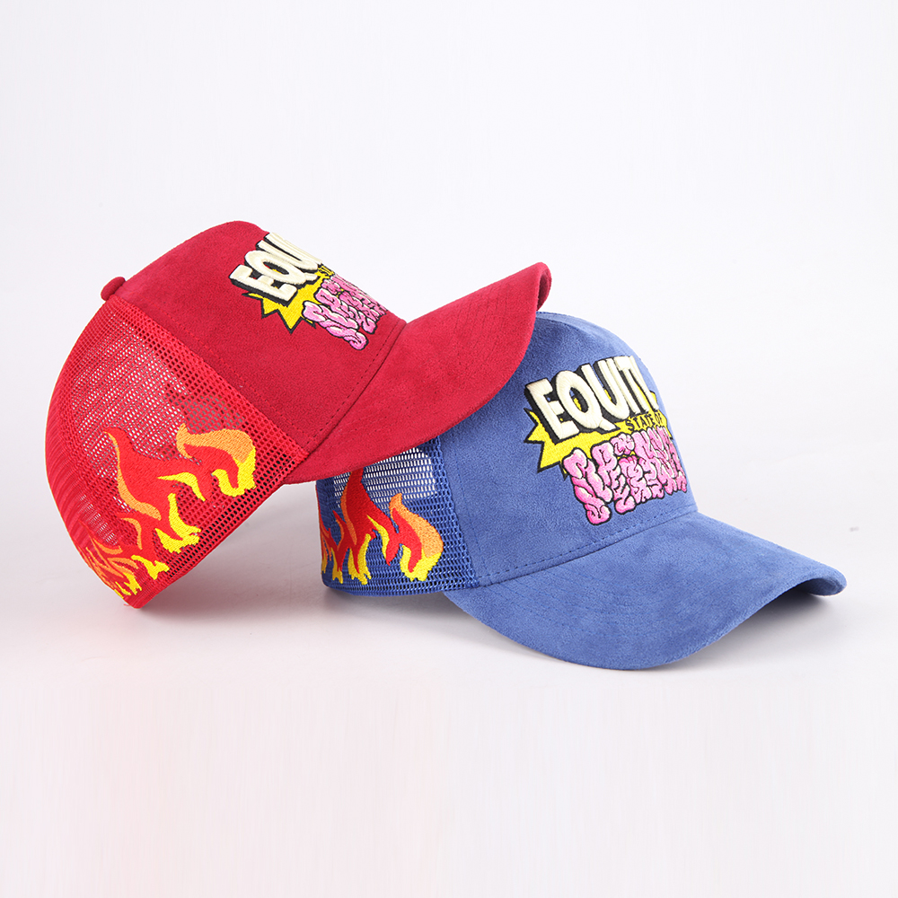Red and Blue Suede-Style 5-Panel Mesh Trucker Caps with Raised Front Graphic Embroidery, Flame Side Detail and Curved Brim