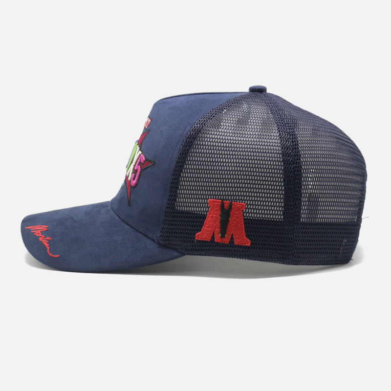 Navy and White Multicolor Logo Embroidered Suede Trucker Hat