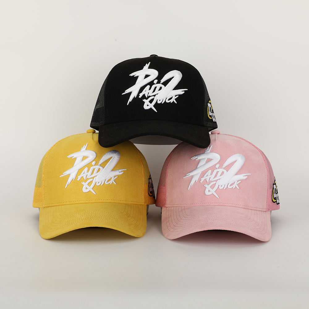 Three-Color Suede Mesh Trucker Cap with Bold White Embroidery