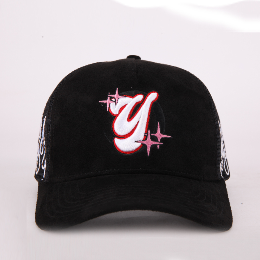 Vintage Suede Mesh Trucker Cap with Embroidered Graphic Logo and Adjustable Snapback