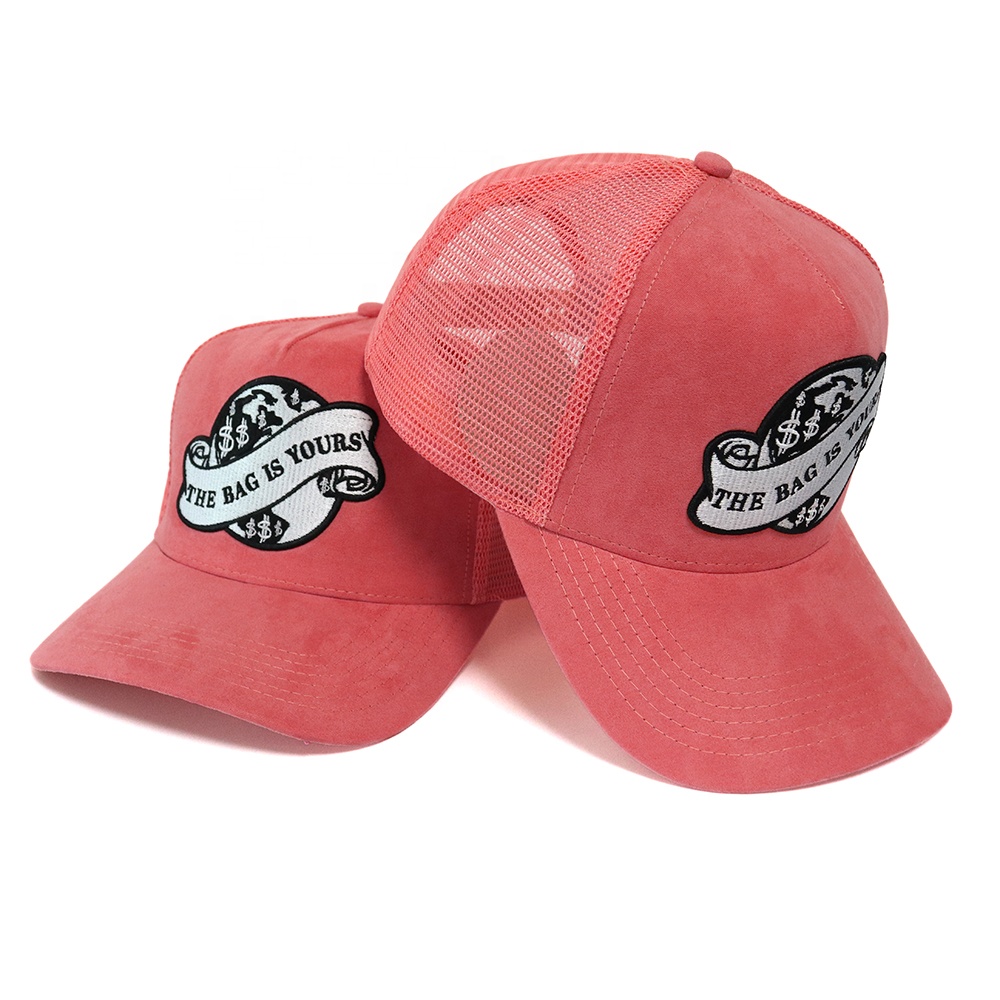 Pink Suede Mesh Trucker Cap with Embroidered “The Bag Is Yours” Patch