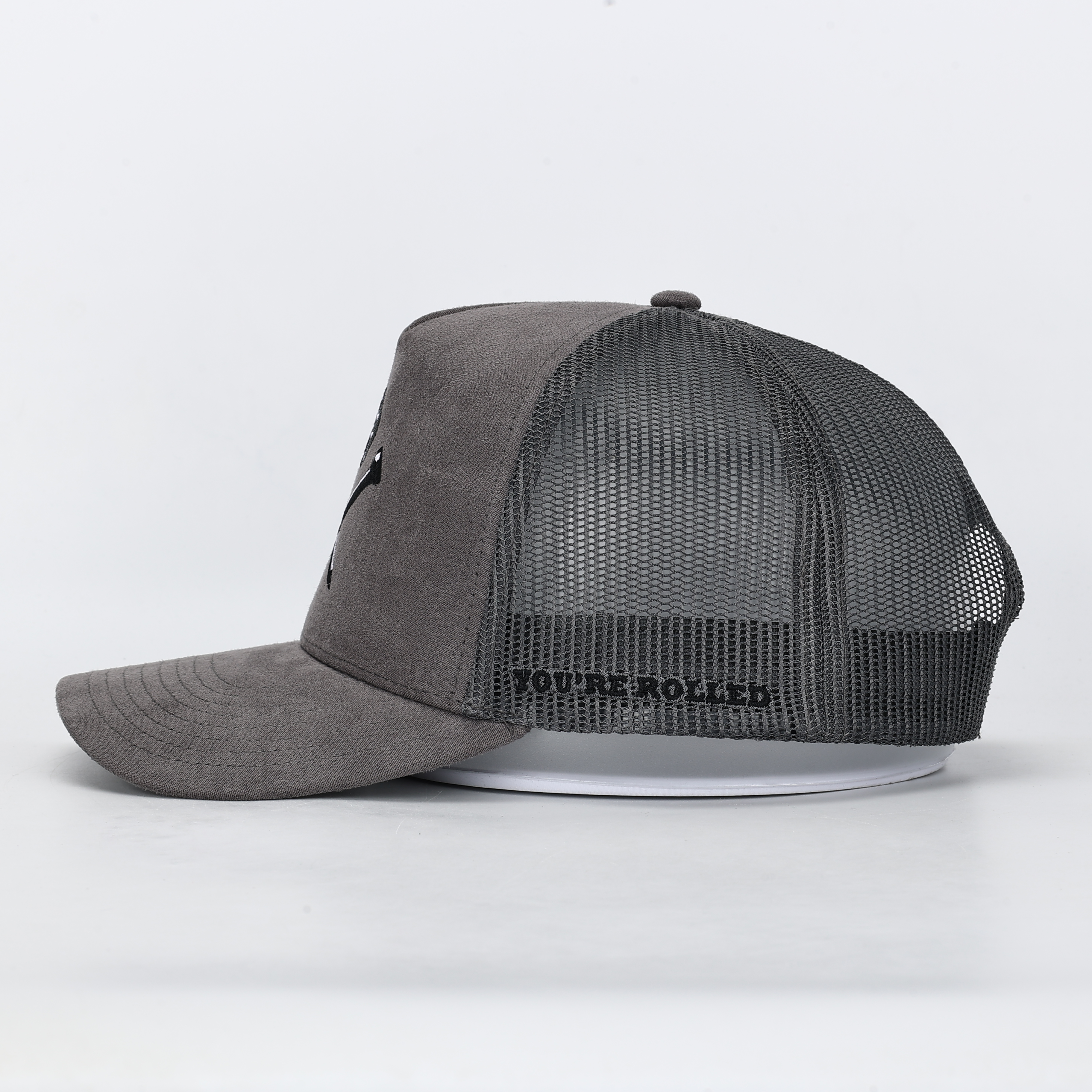 Charcoal Suede Mesh Trucker Hat with Dice and Crossed Nails Embroidery