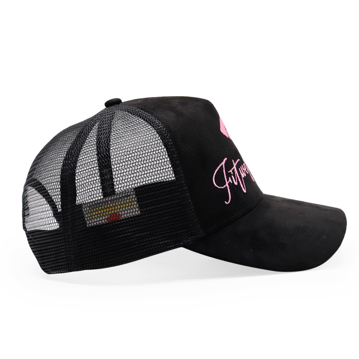 Black Suede Mesh Trucker Cap with Pink Script Embroidery