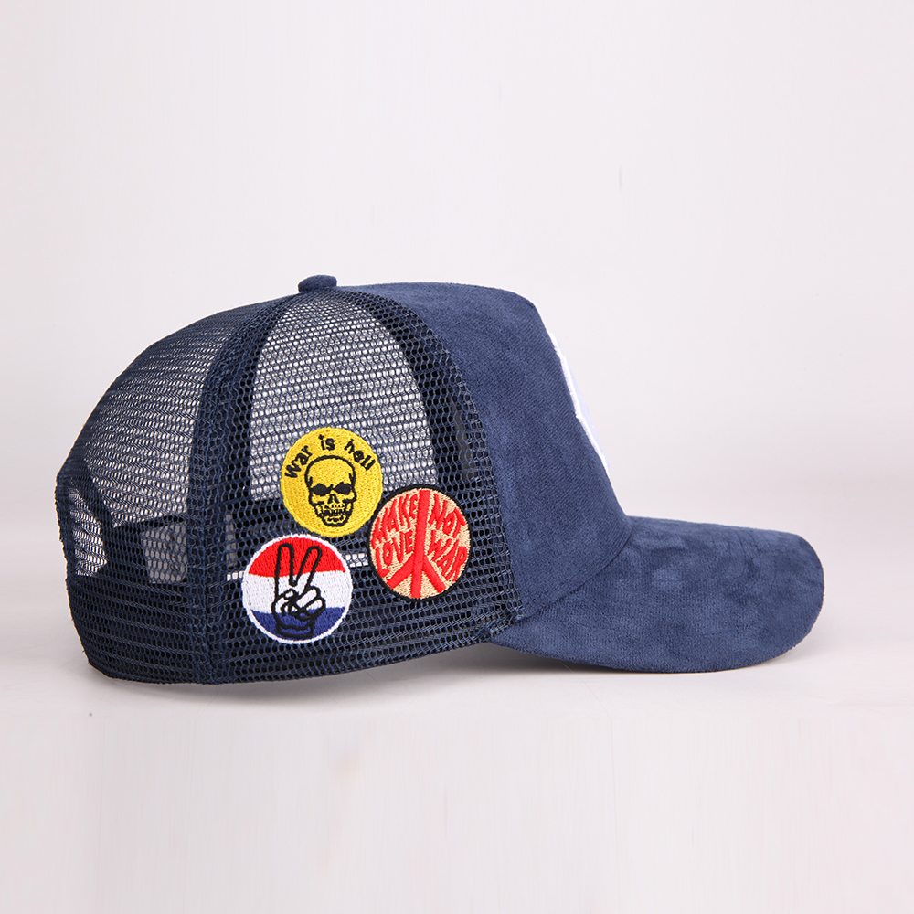 Vintage Suede Patchwork Mesh Trucker Cap with Raised Monogram