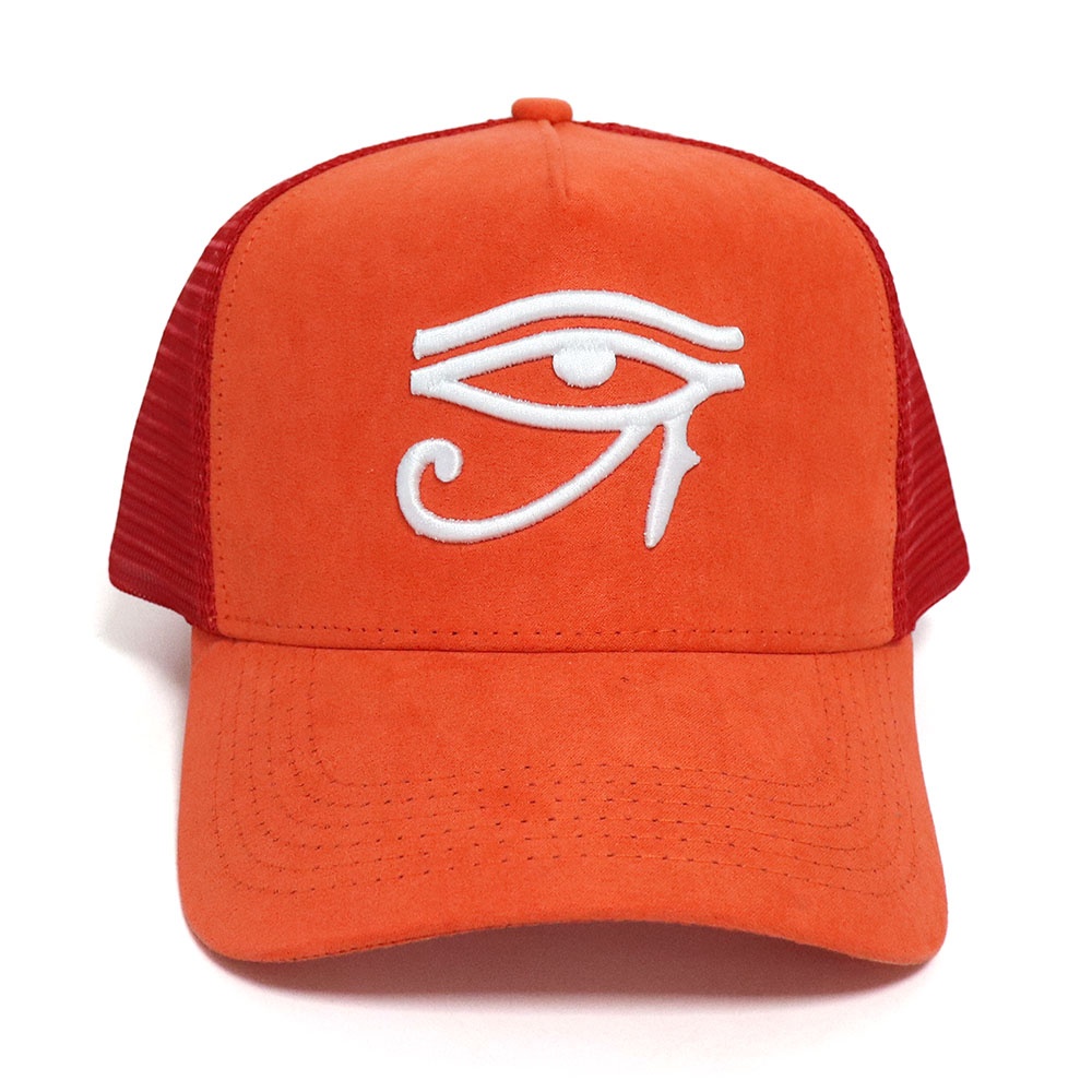 Orange Embroidered Eye Symbol Five Panel Suede Trucker Cap with Mesh Back