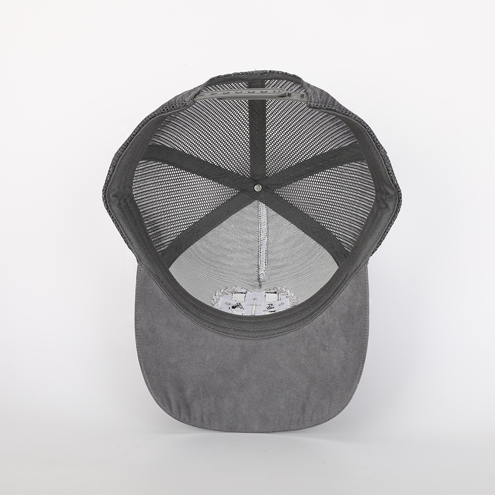 Grey Suede Mesh Trucker Cap with Cross Laurel Embroidery – Vintage Street Hat