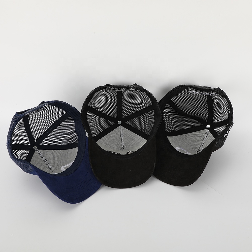 Navy Suede Mesh Embroidered Trucker Hat