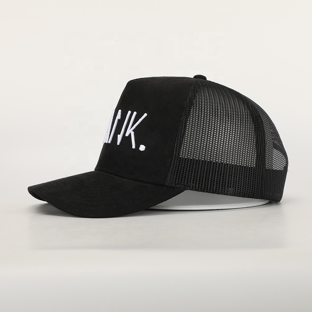 Black Suede Mesh Trucker Cap with White Letter Embroidery