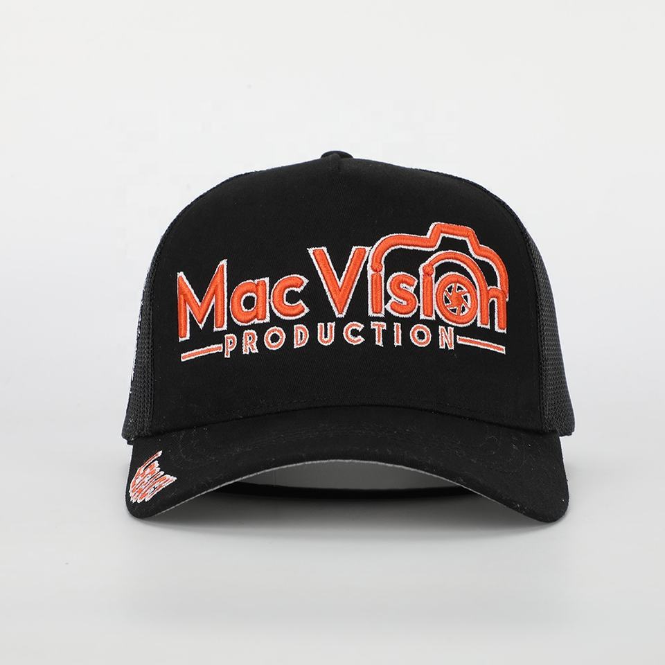 Black Mesh Trucker Cap with Orange Camera Logo Embroidery