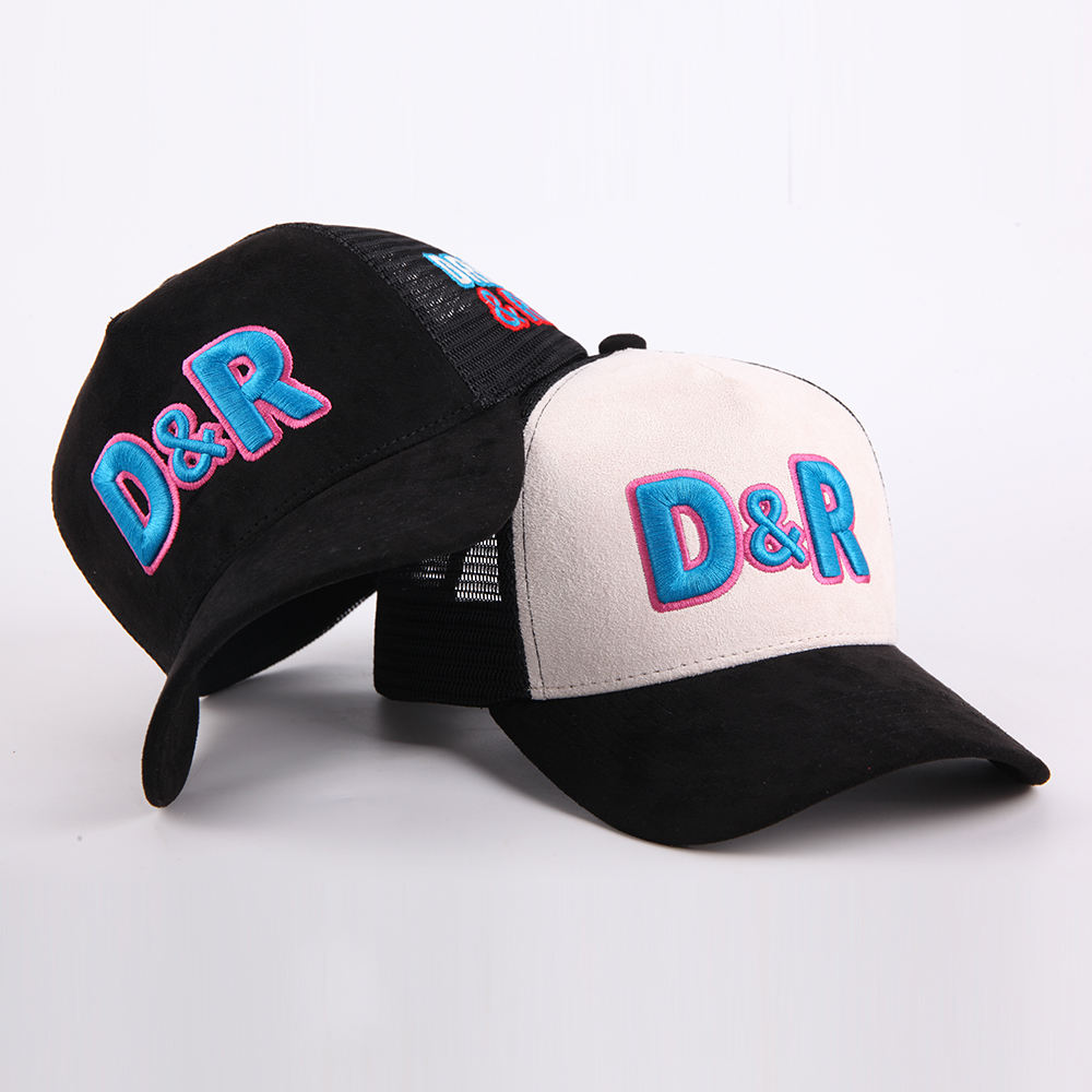 Two-Tone Suede Five-Panel Mesh Trucker Cap with 3D D&R Embroidery and Curved Brim