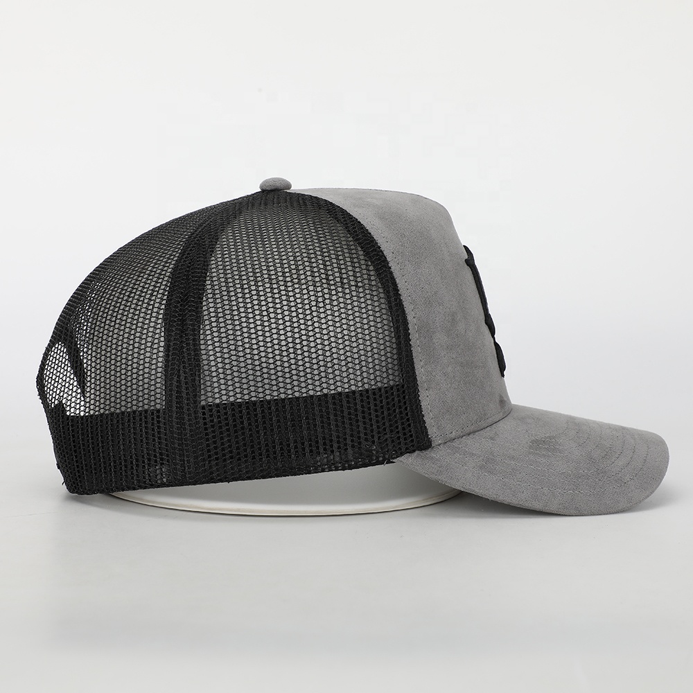 Gray Suede Mesh Trucker Cap with Black Gothic Letter Embroidery