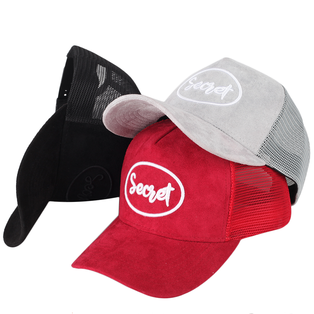 Red Suede Trucker Hat with White Embroidered Logo and Mesh Back Panel