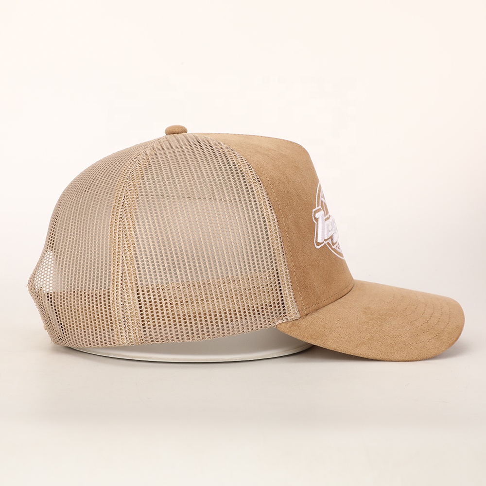 Vintage Khaki Suede Mesh Trucker Cap with White Embroidered Logo and Adjustable Snapback Closure