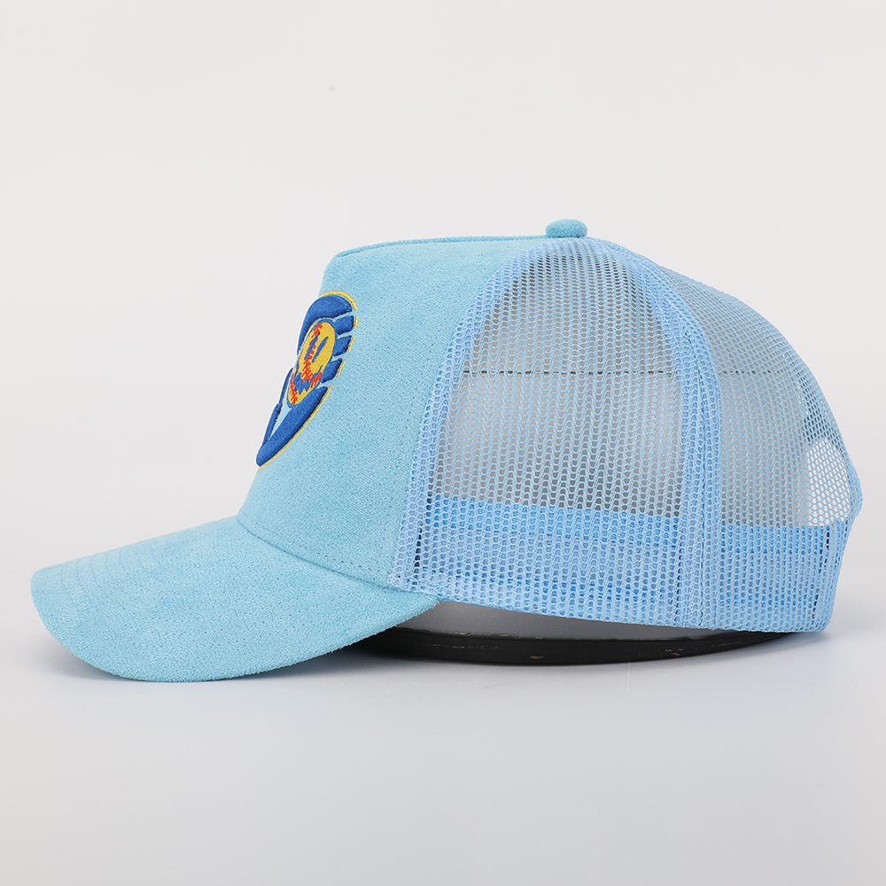 Light Blue Suede Mesh Trucker Cap with Baseball Graphic Embroidery