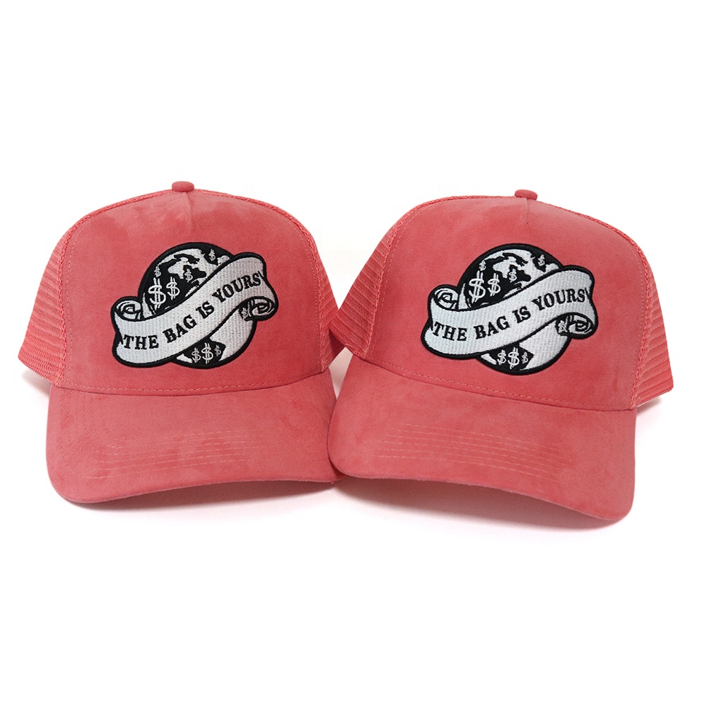 Pink Suede Mesh Trucker Cap with Embroidered “The Bag Is Yours” Patch