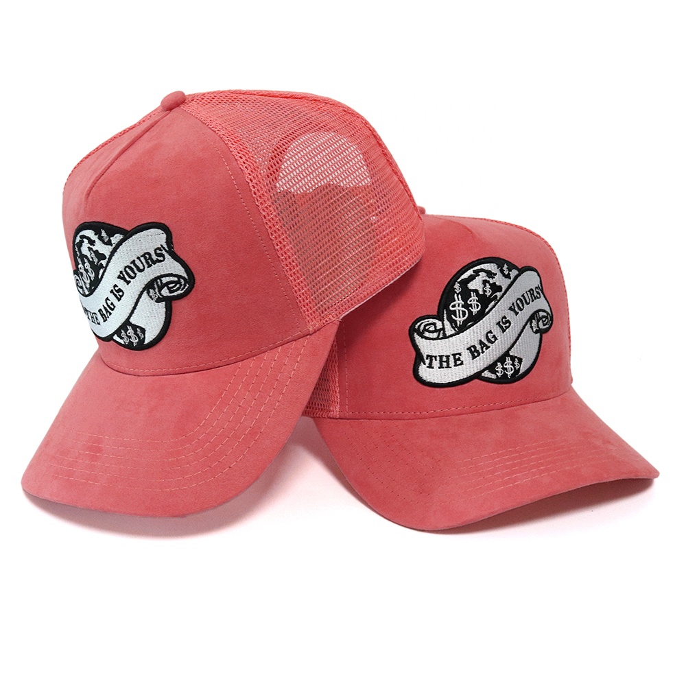 Pink Suede Mesh Trucker Cap with Embroidered “The Bag Is Yours” Patch