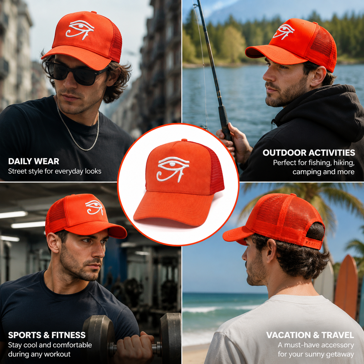Orange Embroidered Eye Symbol Five Panel Suede Trucker Cap with Mesh Back