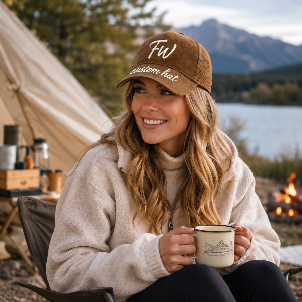 Brown Suede 5 Panel Trucker Cap with Time Flies Embroidery