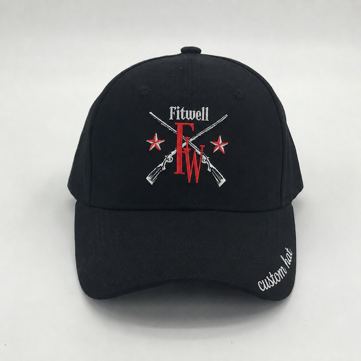 Black Six-Panel Baseball Cap with Red and White Crossed-Rifle Embroidery