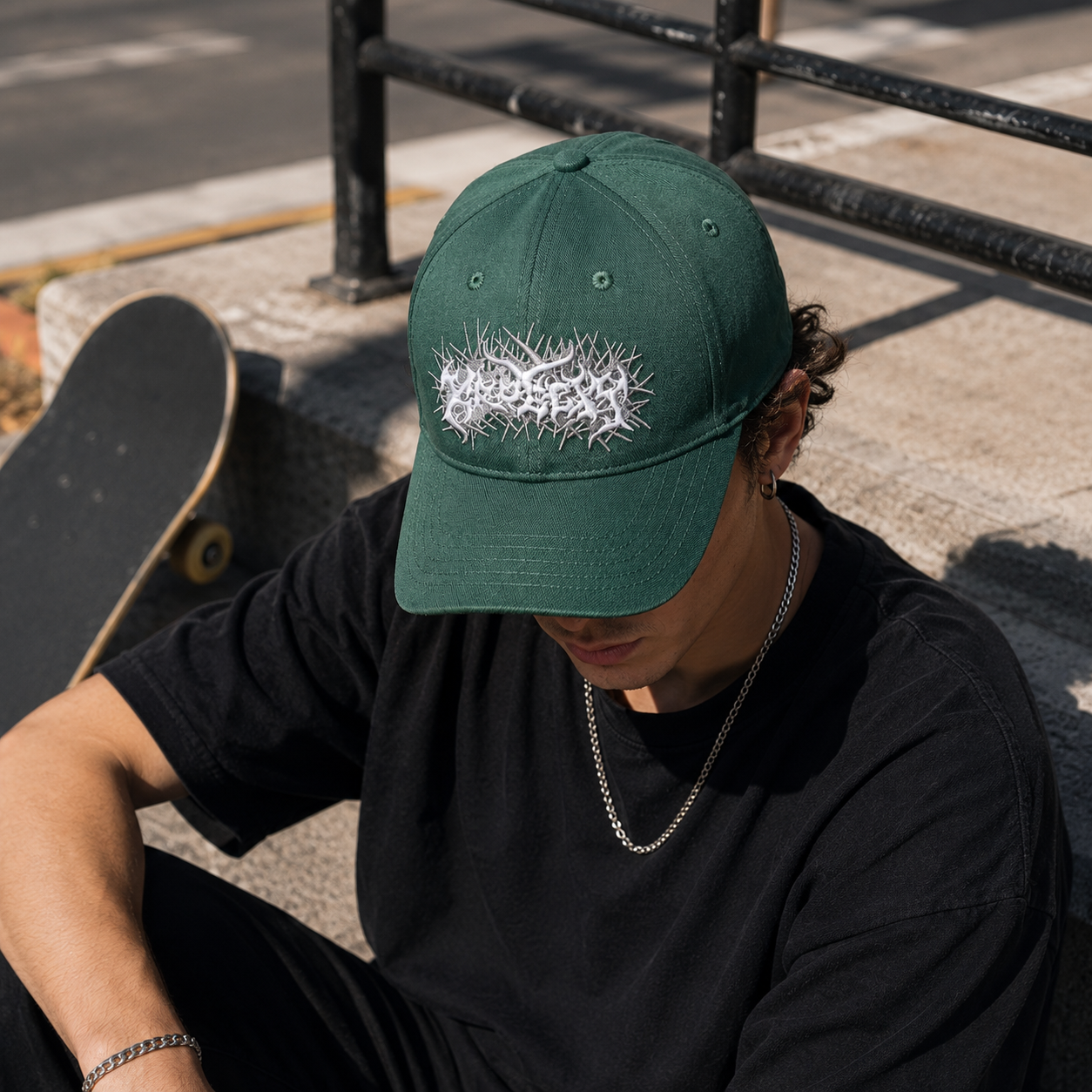 Green Structured Baseball Cap with White Gothic Thorn Embroidery