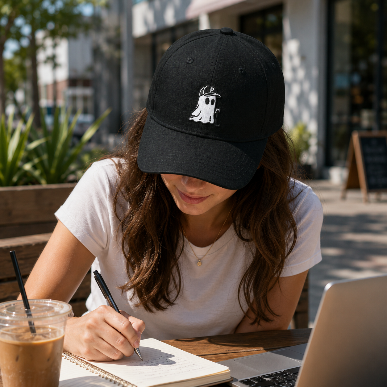 Black Structured Six-Panel Baseball Cap with White Ghost Embroidery