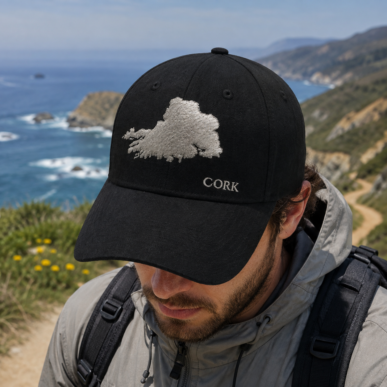 Black 6-Panel Structured Baseball Cap with Silver Cork Map Embroidery