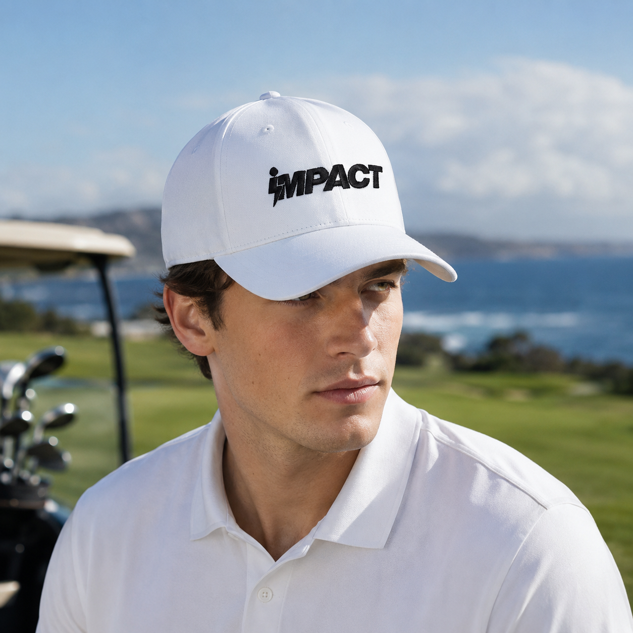 White IMPACT Structured Six-Panel Cotton Cap with Black Embroidery