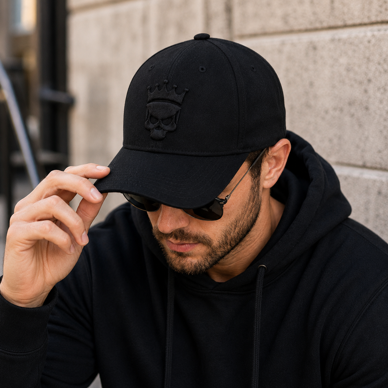 Black Crowned Skull Tonal Embroidered Structured Baseball Cap