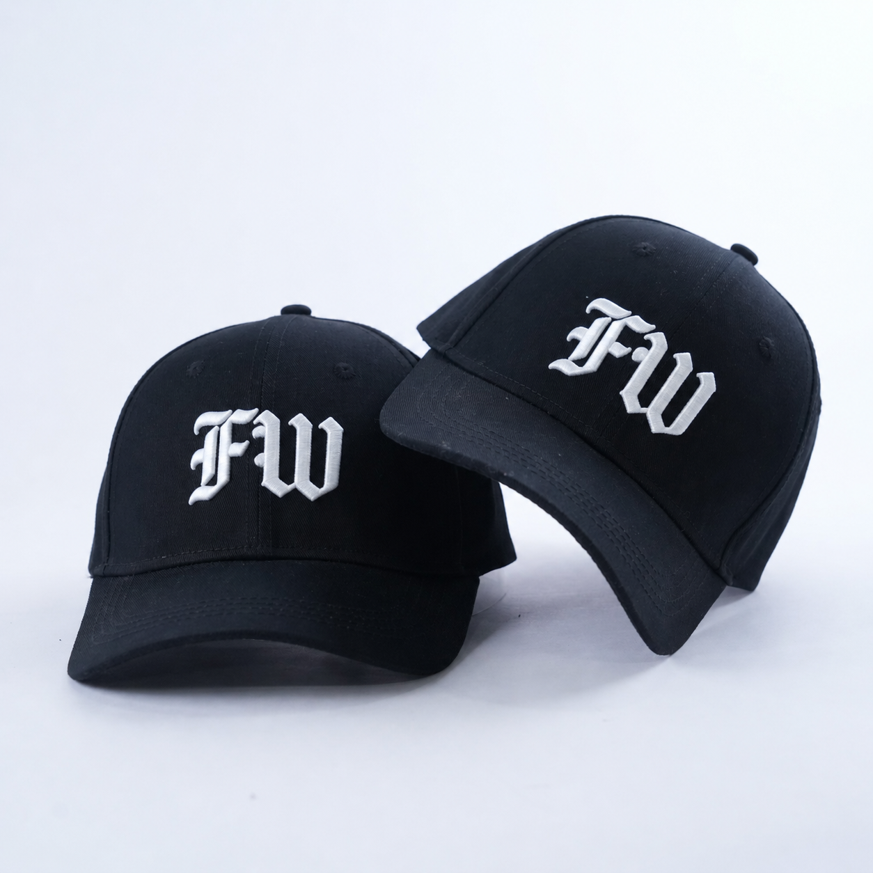 Black Six-Panel Curved Brim Cap with White Gothic Monogram