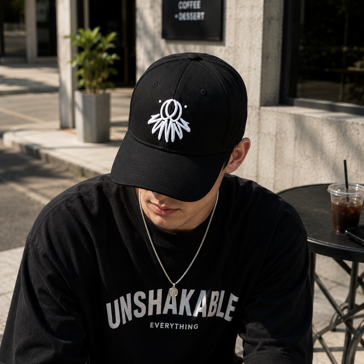 Black Abstract White Emblem Embroidered Structured Baseball Cap