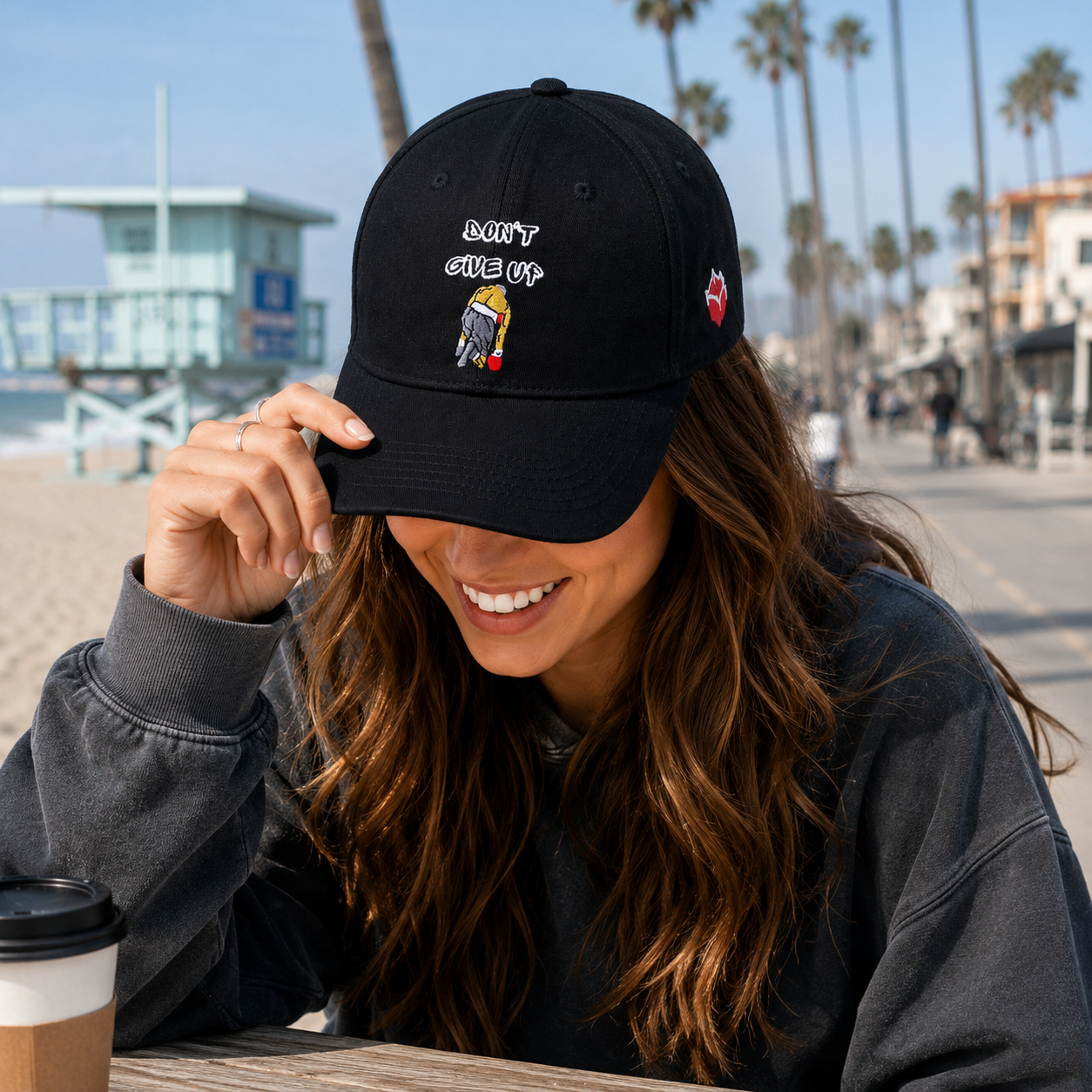 Black Motivational Cartoon Embroidered 6 Panel Baseball Cap