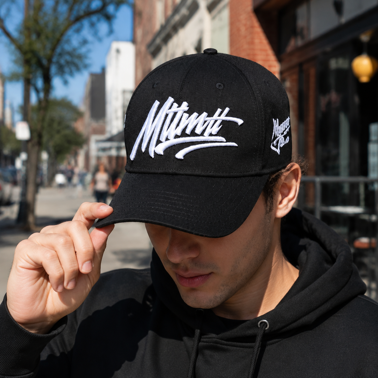 Black Structured Six-Panel Cap with Bold White Script Embroidery