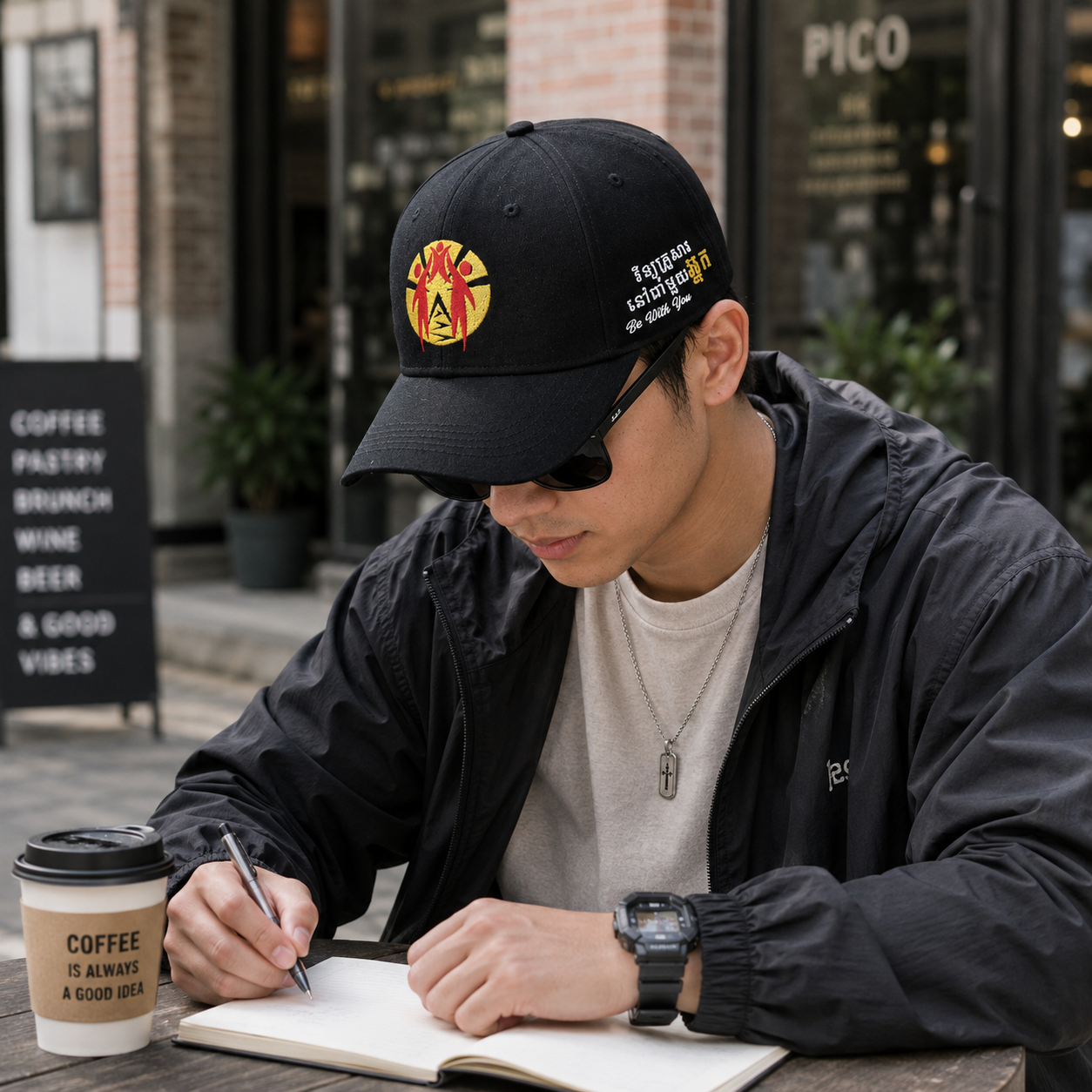 Black Structured Cotton Baseball Cap with Front Graphic Embroidery