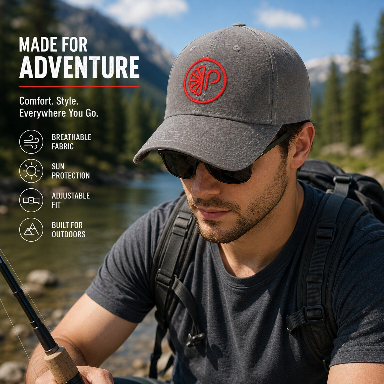 Gray Red Circular Monogram Embroidered Structured Baseball Cap
