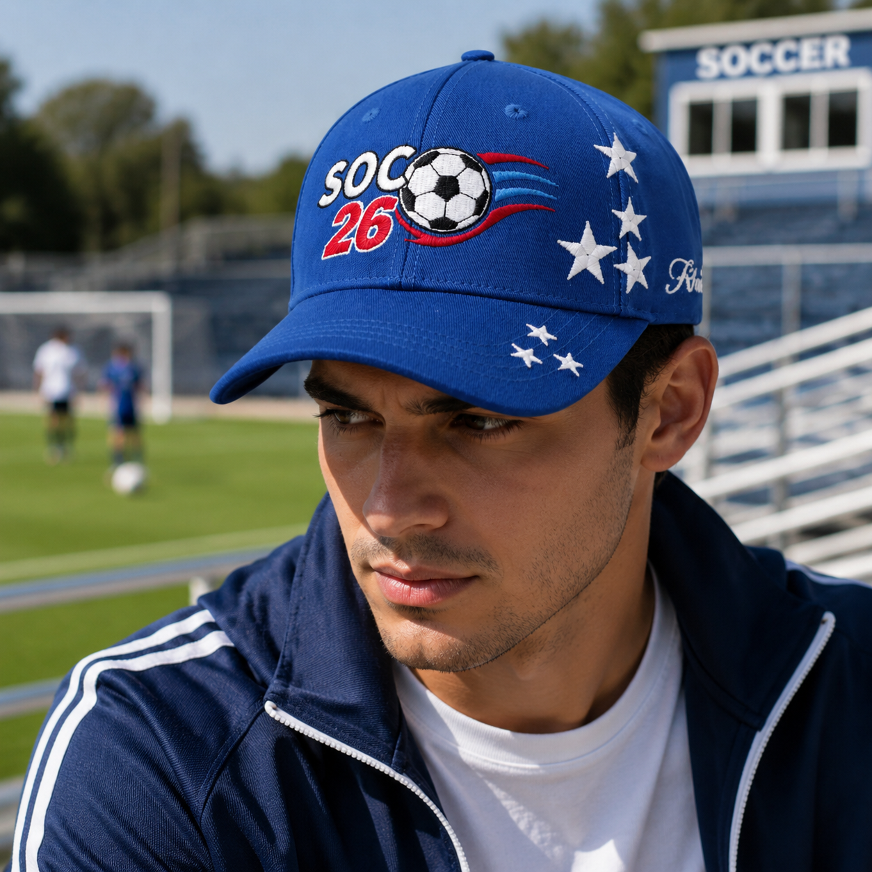 Blue Soccer Embroidered Baseball Cap with Curved Visor