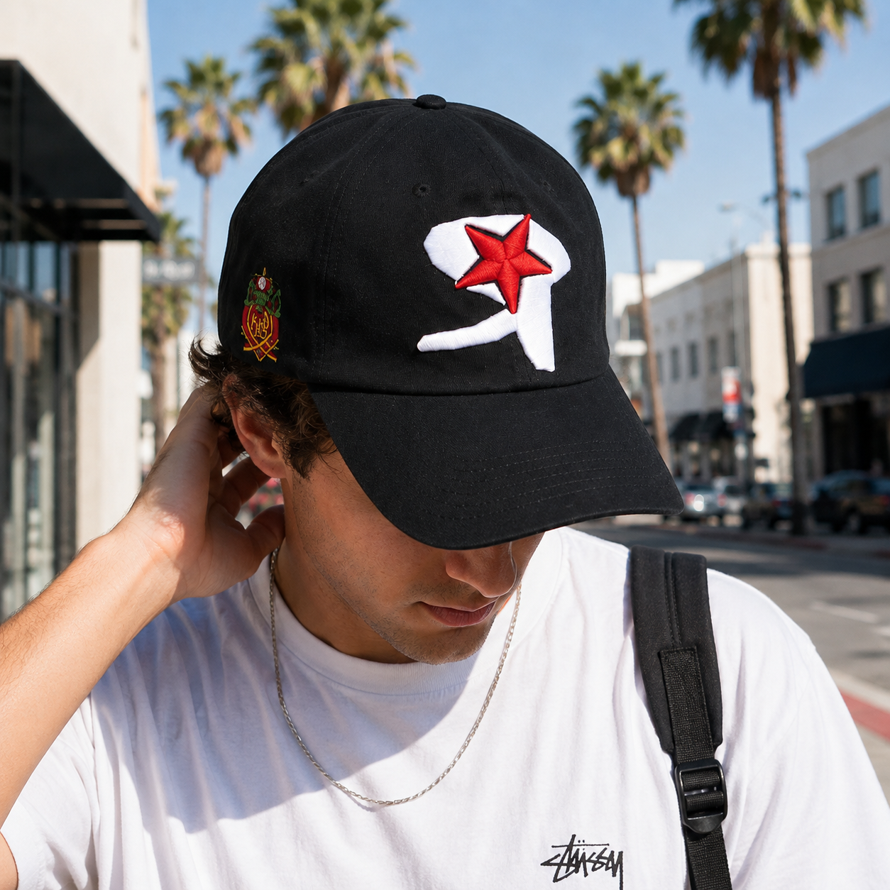 Black Star-Motif Six-Panel Cap with Raised Red and White Embroidery