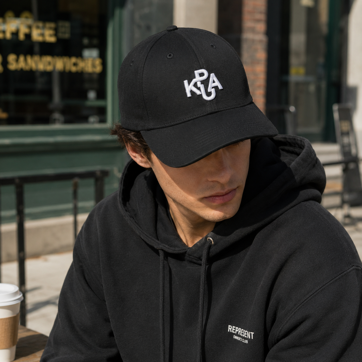 Black Six-Panel Baseball Cap with White Interlocking Monogram