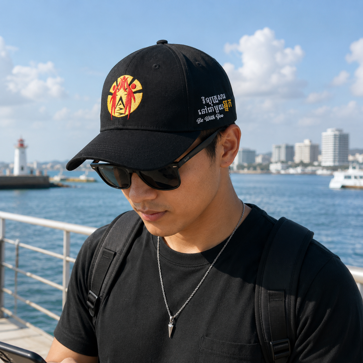 Black Structured Cotton Baseball Cap with Front Graphic Embroidery