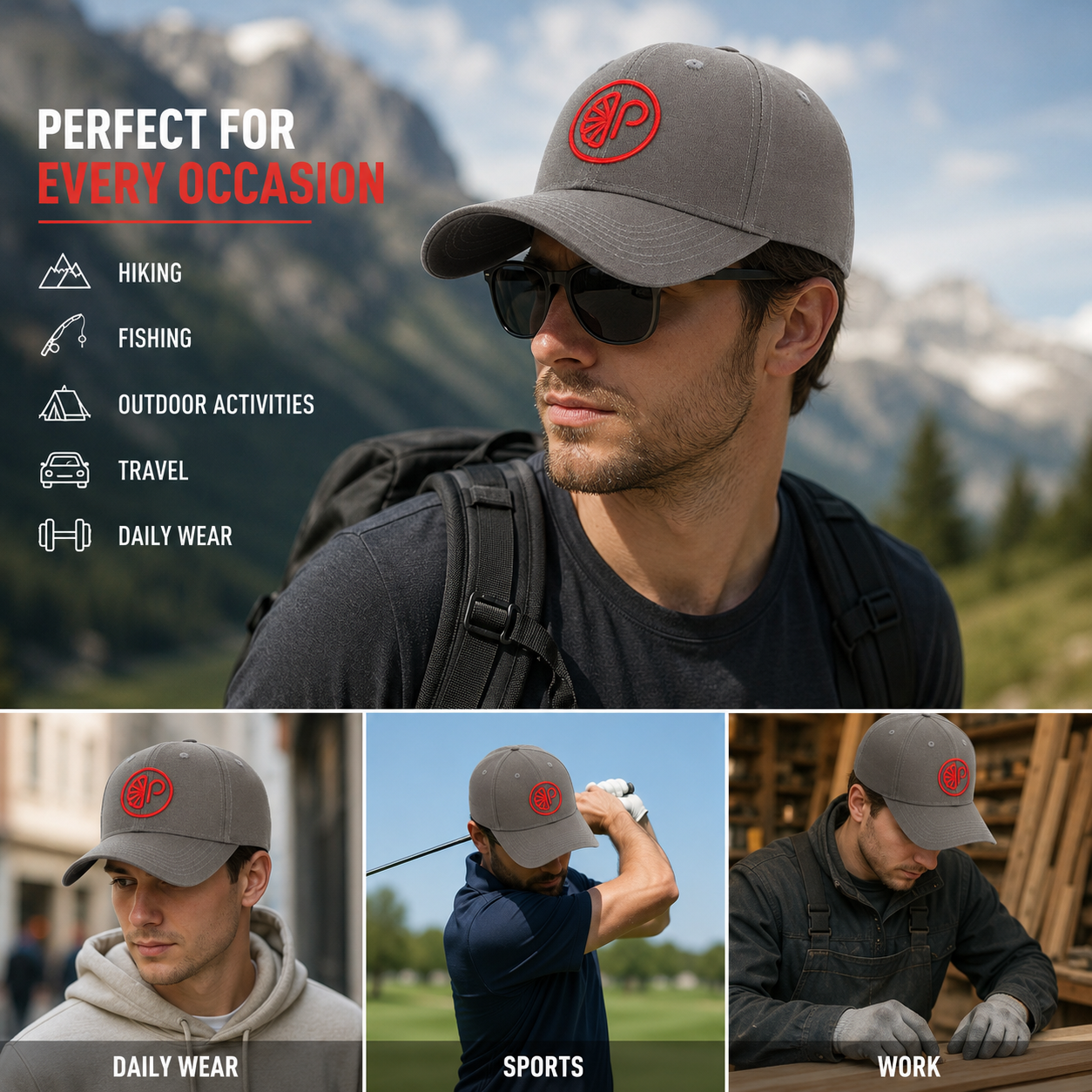 Gray Red Circular Monogram Embroidered Structured Baseball Cap