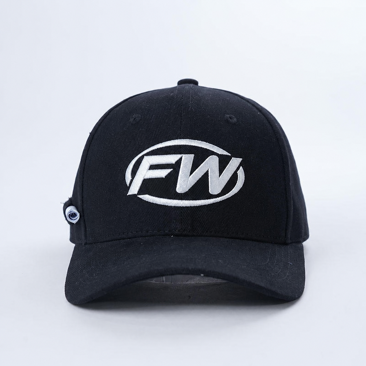 Black Six-Panel Curved Brim Cap with White Geometric Emblem