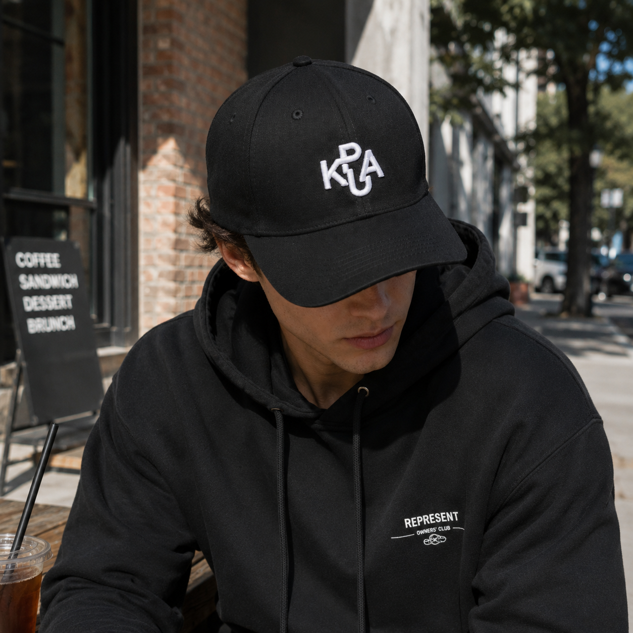 Black Six-Panel Baseball Cap with White Interlocking Monogram