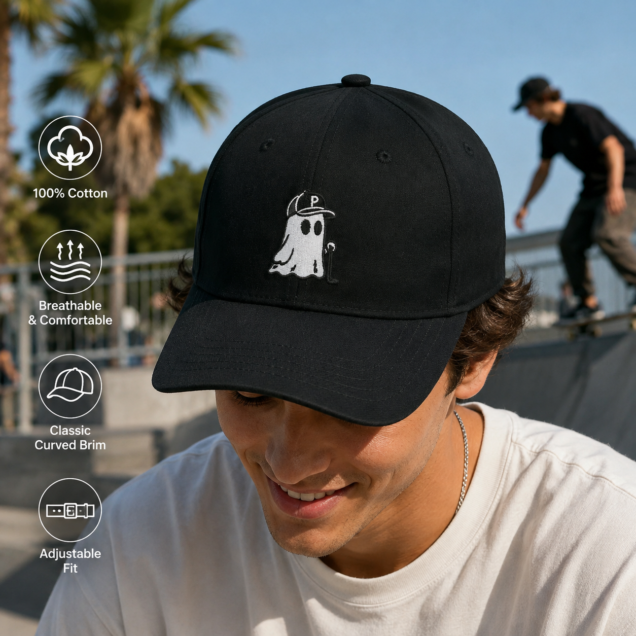 Black Structured Six-Panel Baseball Cap with White Ghost Embroidery