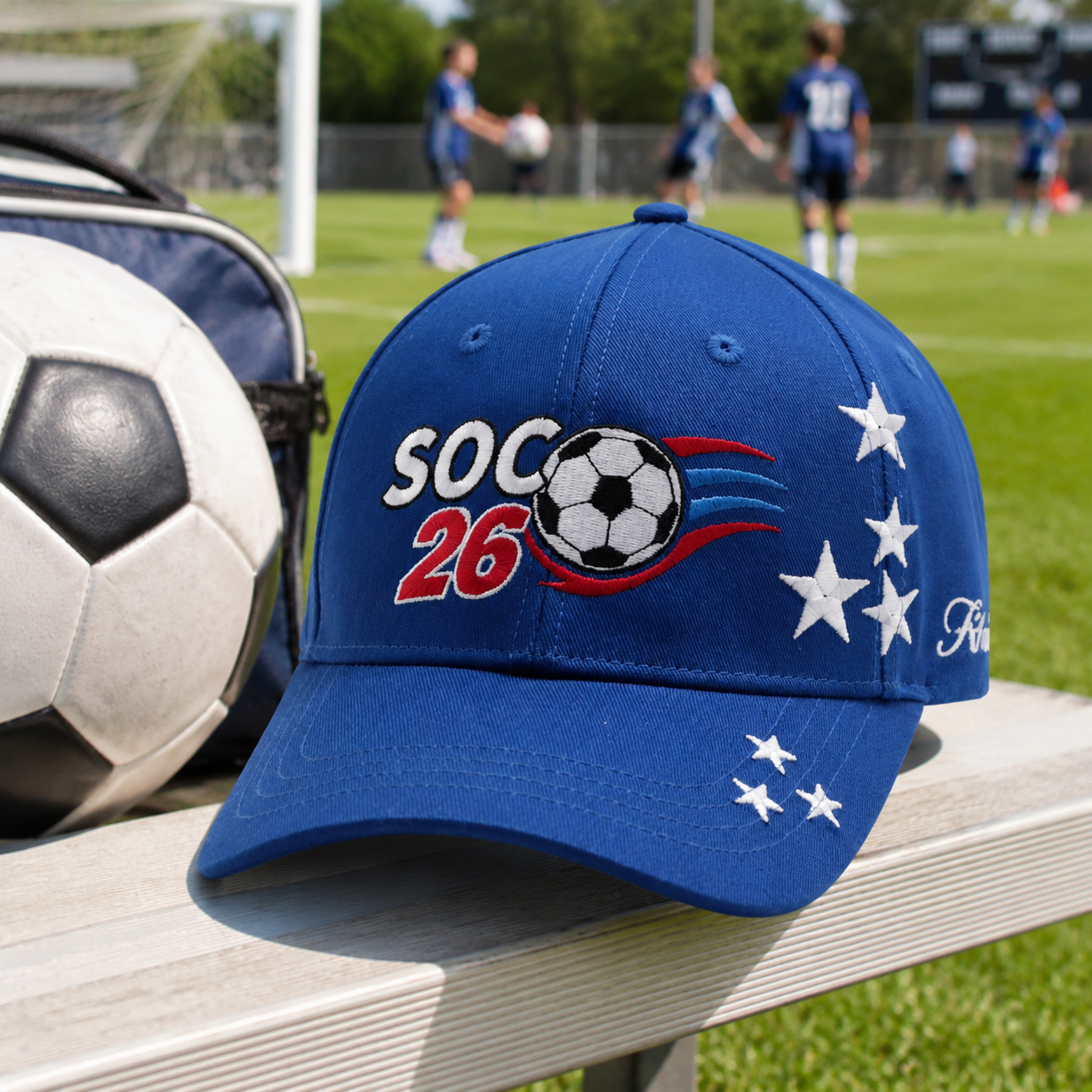 Blue Soccer Embroidered Baseball Cap with Curved Visor
