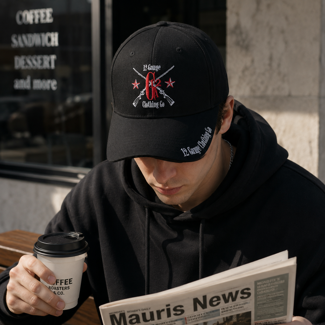 Black Six-Panel Baseball Cap with Red and White Crossed-Rifle Embroidery