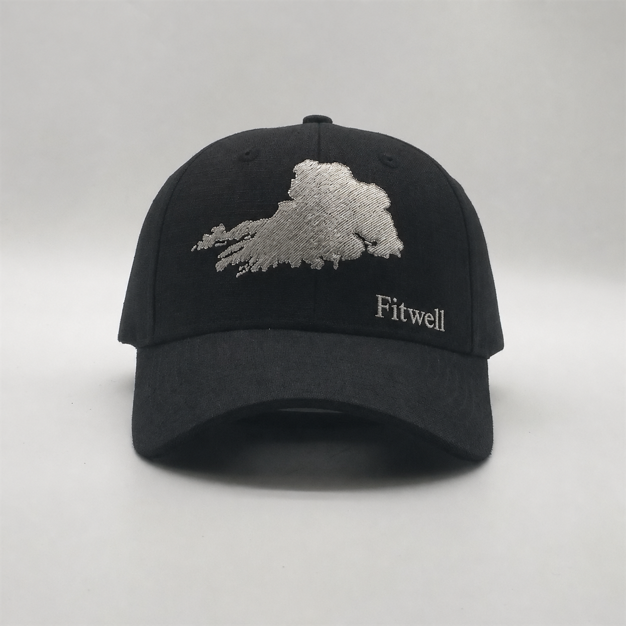 Black 6-Panel Structured Baseball Cap with Silver Cork Map Embroidery