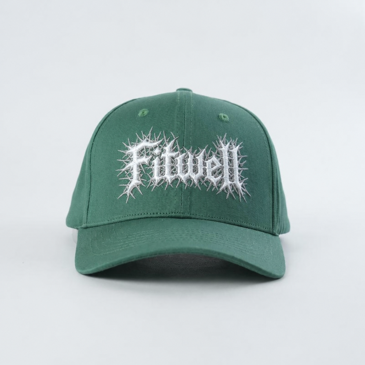 Green Structured Baseball Cap with White Gothic Thorn Embroidery